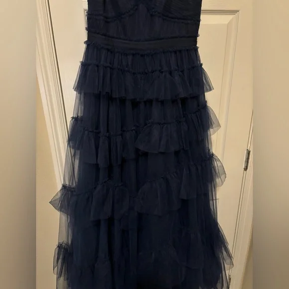 BCBGMAXAZRIA Evening Ruffled Gown, navy tiered tulle - Picture 6 of 13